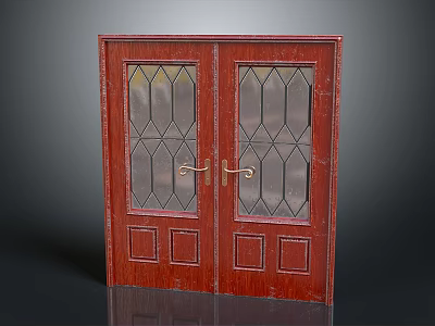 Classic Red Wooden Double Doors With Geometric Glass Panels And Metal Handles 3d model