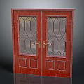 Classic Red Wooden Double Doors With Geometric Glass Panels And Metal Handles