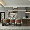 Modern Restaurant Interior With Wooden Dining Table Brown Chairs Grey Cabinets And Pendant Lighting