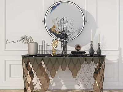 Modern Metallic Console Table With Round Mirror Decorative Vases Candlesticks And Ornaments 3d model