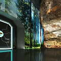 Modern Interior Space With Glass Wall Forest View And Rocky Wall Design 3d model