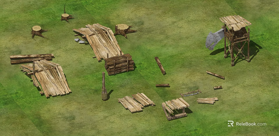 Wooden Building Components on Grassland with Planks Beams Fences and Stakes 3d model 