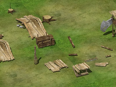 Wooden Building Components on Grassland with Planks Beams Fences and Stakes 3d model
