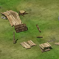 Wooden Building Components on Grassland with Planks Beams Fences and Stakes