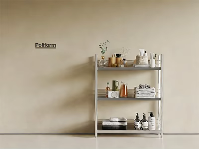 Modern Metal Shelving Unit with Towels Bottles Green Plant and Mugs in Minimalist Interior 3d model