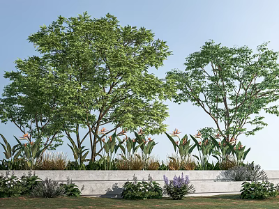 Tall Trees With Lush Green Foliage In Garden Bed With Colorful Flowers And Blue Sky 3d model