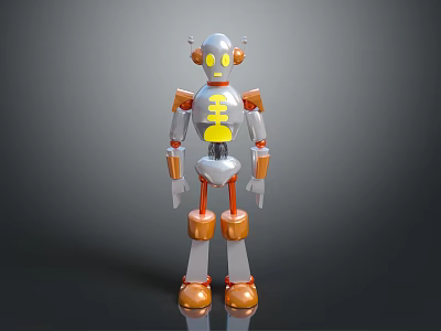 Silver And Orange Robot With Yellow Chest Pattern Glowing Eyes And Articulated Joints 3d model
