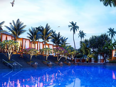 Tropical Resort Landscape With Blue Swimming Pool Palm Trees Buildings And Reflections 3d model