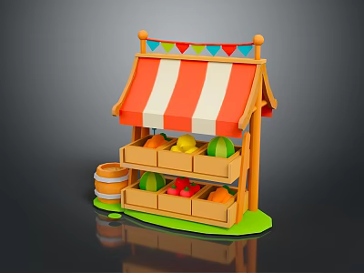 Wooden Fruit Stand with Striped Awning Colorful Pennant Flags Fruits in Compartments and Wooden Barrel 3d model