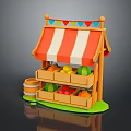 Wooden Fruit Stand with Striped Awning Colorful Pennant Flags Fruits in Compartments and Wooden Barrel