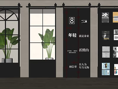 Modern Barn Door Design For Interior Space With Green Plants And Decor Elements 3d model