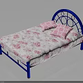 Blue Metal Bed With Headboard White Mattress Pink Floral Pattern And Two Pink Checkered Pillows