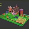 Natural Farm Scene With Red Barn White Windmill Green Field Animals And Wooden Fence