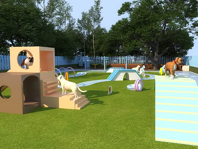 Outdoor Pet Playground With Swing Door Green Lawn And Play Structures For Dogs 3d model