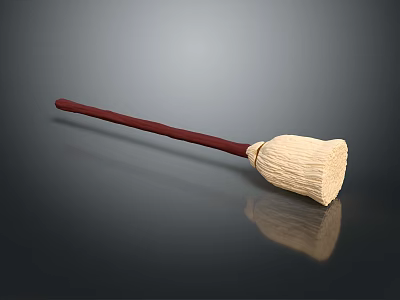 Classic Broom With Red Handle And Cream Head On Smooth Black Surface With Reflection 3d model