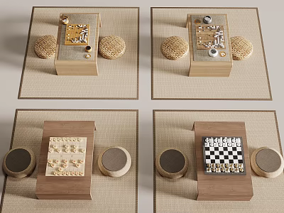 Various Board Game Entertainment Sets Including Chess Checkers with Wooden Pieces on Mat 3d model