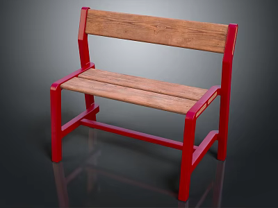 Outdoor Bench Featuring Wooden Seat And Backrest With Red Metal Frame 3d model