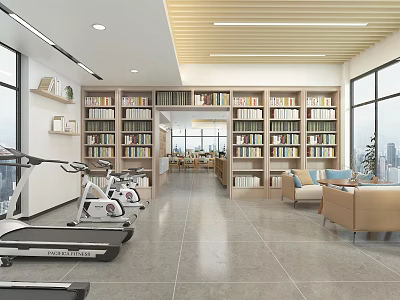 Book Library Interior Design With Fitness Equipment And Sofas 3d model