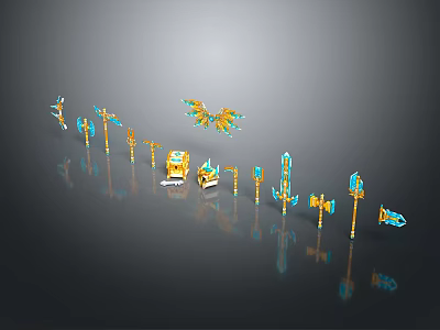 Fantasy Weapons Collection Featuring Swords Axes Bows With Golden Blue Winged Designs 3d model