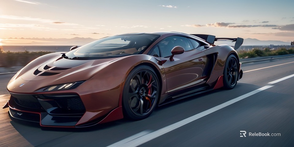 Sleek Red Sports Car Driving On Highway With Large Wheels Rear Spoiler And Sunset Sky 3d model 