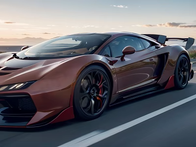 Sleek Red Sports Car Driving On Highway With Large Wheels Rear Spoiler And Sunset Sky 3d model