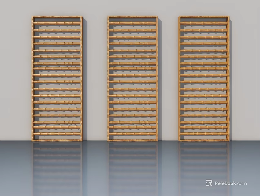 Three Vertical Wooden Hinged Doors with Slatted Panel Design in Modern Interior 3d model 