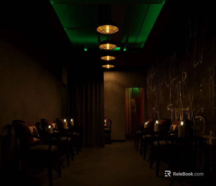 Dimly Lit Lounge Space With Chairs Candles Wall Graffiti And Green Ceiling Lights 3d model 