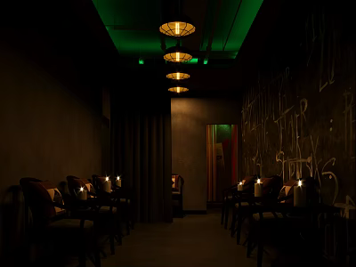 Dimly Lit Lounge Space With Chairs Candles Wall Graffiti And Green Ceiling Lights 3d model