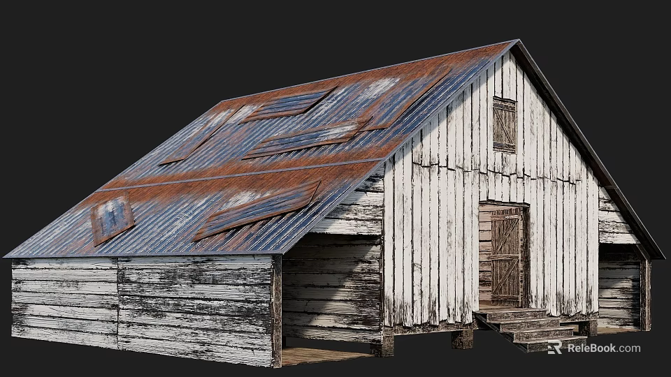 Weathered Wooden Plank Building Exterior With Rusted Metal Roof And Small Window 3d model 