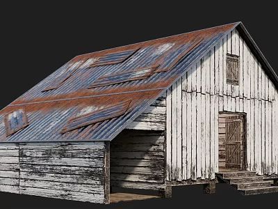 Weathered Wooden Plank Building Exterior With Rusted Metal Roof And Small Window 3d model