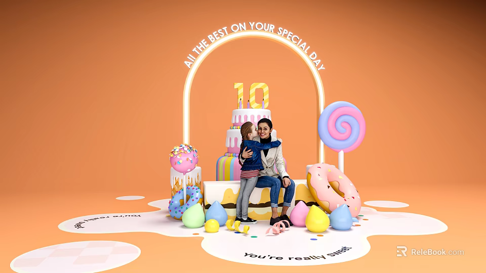 Art Installation With Archway 10th Birthday Cake Family And Decorative Elements 3d model 