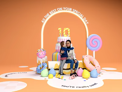 Art Installation With Archway 10th Birthday Cake Family And Decorative Elements 3d model