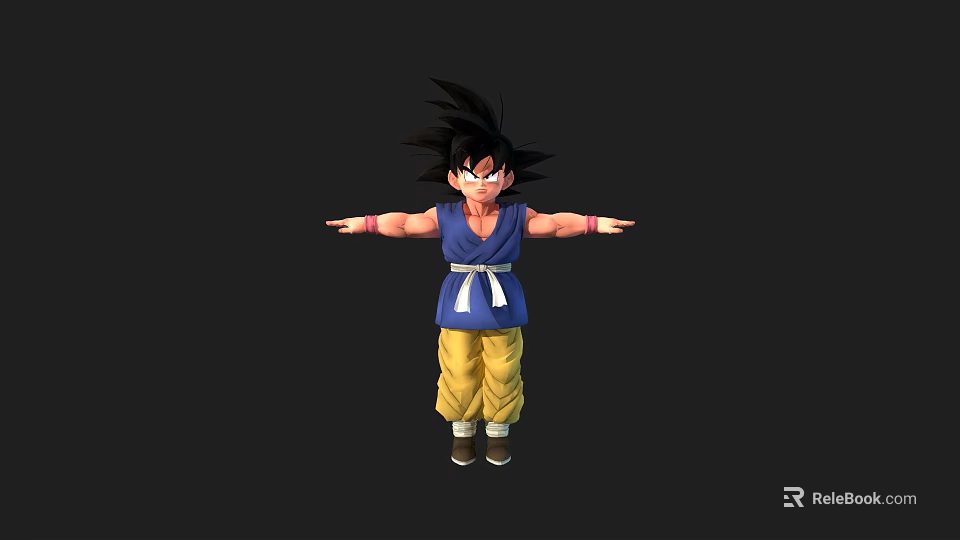 Game Anime Character With Spiky Black Hair Blue Top Yellow Pants White Belt Outstretched Arms 3d model 