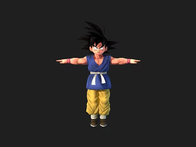 Game Anime Character With Spiky Black Hair Blue Top Yellow Pants White Belt Outstretched Arms 3d model