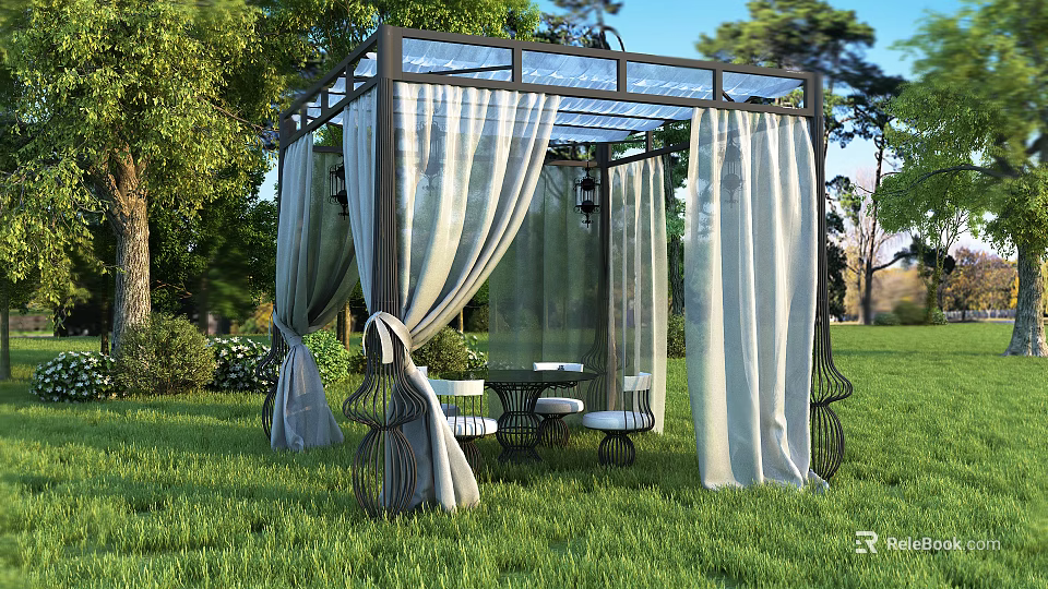 Outdoor Garden Pergola With Transparent Curtains And Wooden Table Chairs On Green Grass 3d model 