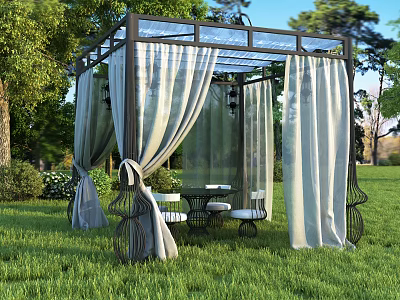 Outdoor Garden Pergola With Transparent Curtains And Wooden Table Chairs On Green Grass 3d model