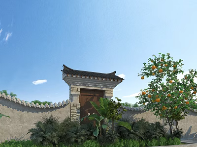 Ancient Chinese Architecture Gateway With Tiled Roof Wooden Door Orange Tree Greenery And Blue Sky 3d model