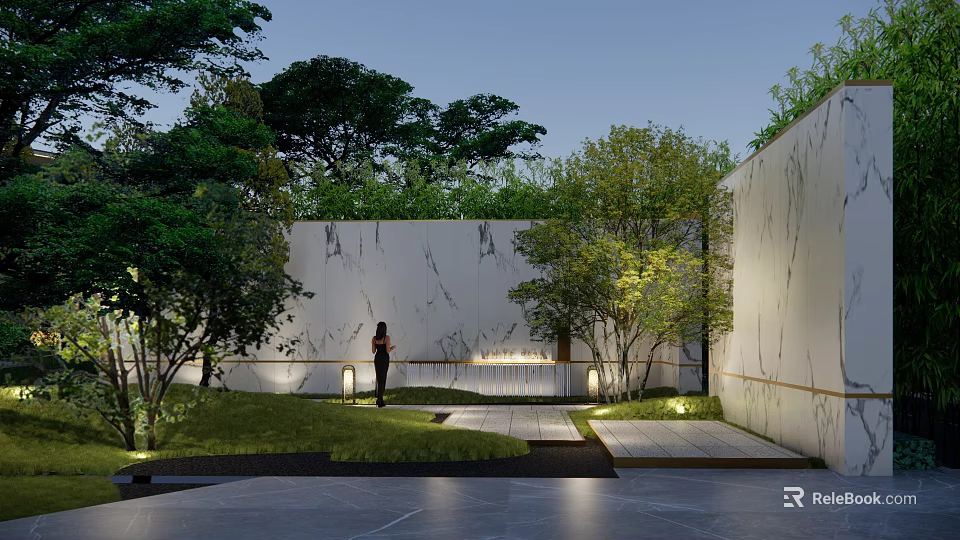 Serene Courtyard Garden With Lush Trees Green Grass Stone Paths And Warm Lighting 3d model 