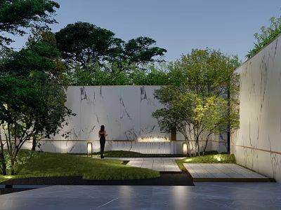 Serene Courtyard Garden With Lush Trees Green Grass Stone Paths And Warm Lighting 3d model