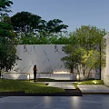 Serene Courtyard Garden With Lush Trees Green Grass Stone Paths And Warm Lighting