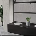 Contemporary Interior Black Metal Shelf With Dark Wood Base Round White Objects And Green Plants