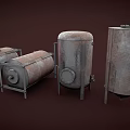 Rusty Metal Industrial Storage Containers With Cylindrical And Vertical Shapes On Stands