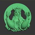 Green 3D Printed Starfish Themed Circular Badge With Mermaid Figure And Fish Tails Design