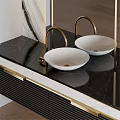 Modern Elegant Bathroom Vanity With Marble Walls Gold Faucet And Dark Cabinets