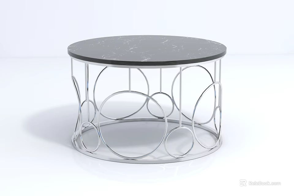 Round Coffee Table With Black Marble Top And Silver Metal Circular Frame Design 3d model
