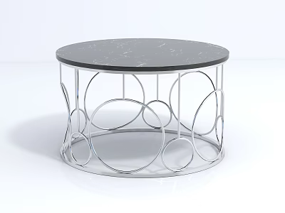 Round Coffee Table With Black Marble Top And Silver Metal Circular Frame Design 3d model