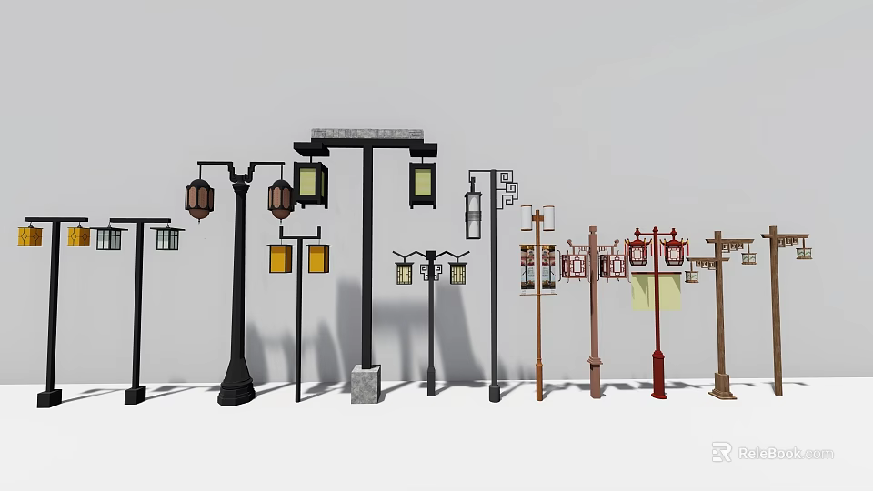 Various Outdoor Lights With Lantern Shapes Colorful Lamp Posts And Different Styles 3d model 