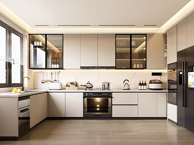 Modern Kitchen Interior Design With White Cabinets Glass Door Wall Cabinets And Black Appliances 3d model