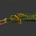 Golden Orange Fantasy Weapon With Intricate Spikes Tooth Like Structures Blue Glowing Accents