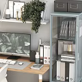 Modern Home Office Desk With Computer Monitor Green Plant Bookshelf Wall Clock And Gray Chair